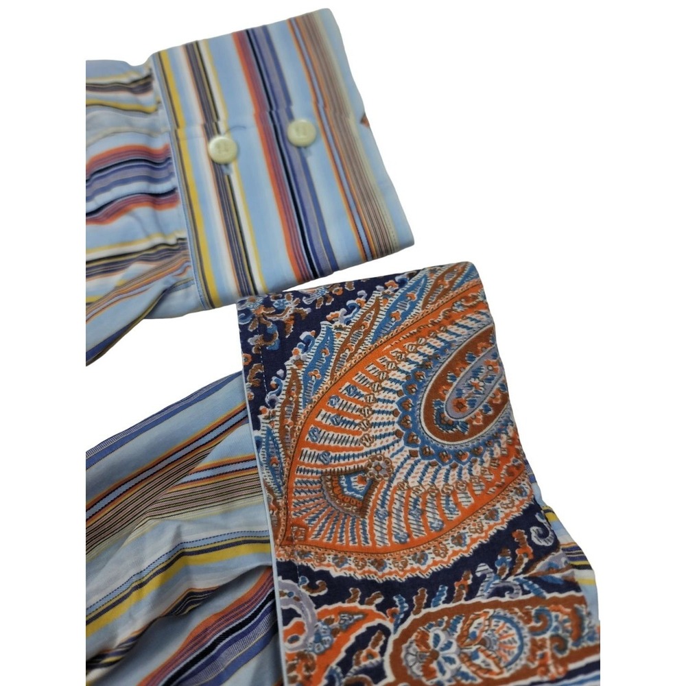 ROBERT GRAHAM Mens 2XL Striped Shirt Flip Cuffs Yellow Blue Orange Embroidered